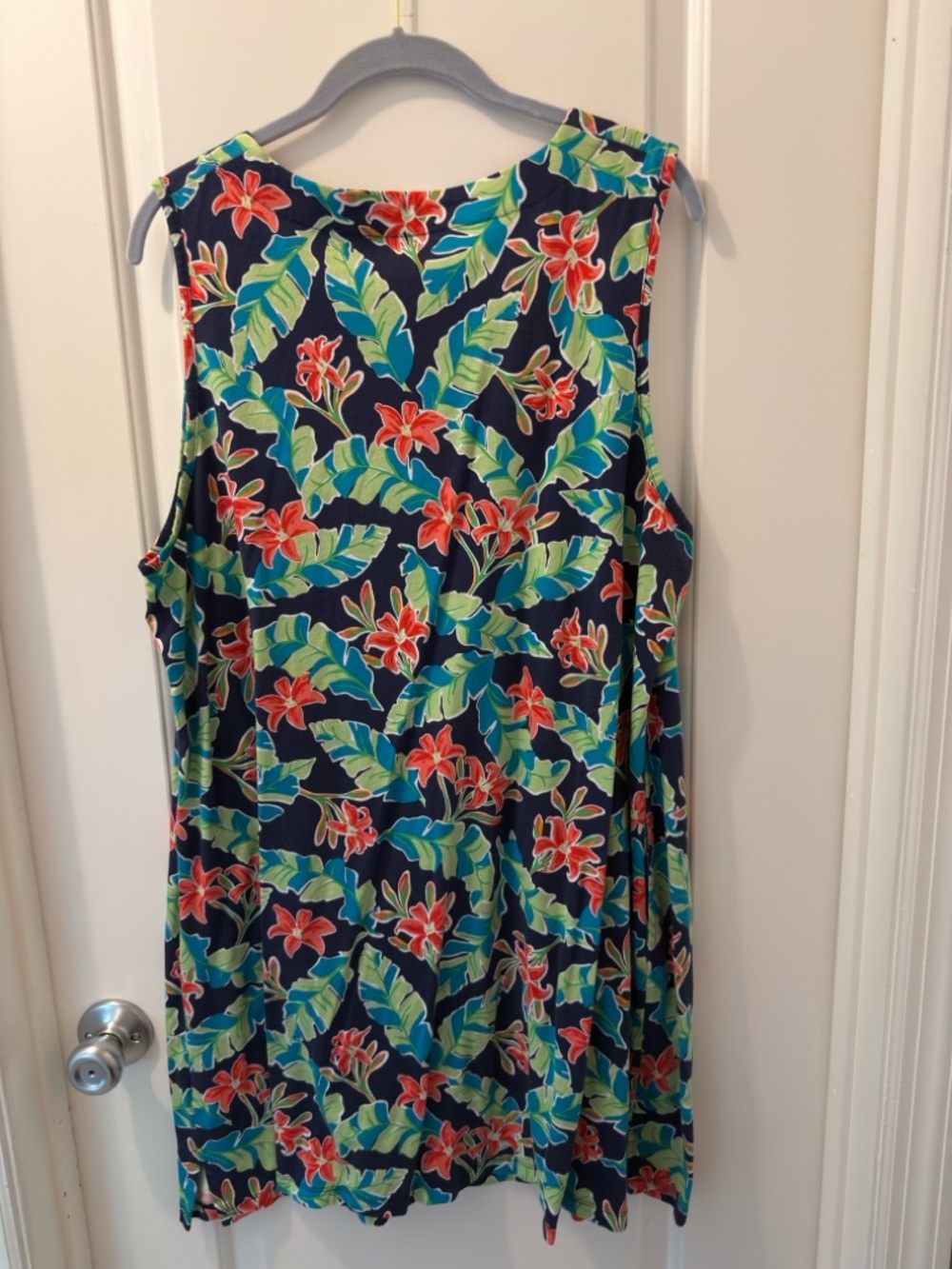 Lands' End Navy Tropical Floral Midi Dress with Green Leaves and Red Flowers - Picture 3 of 3